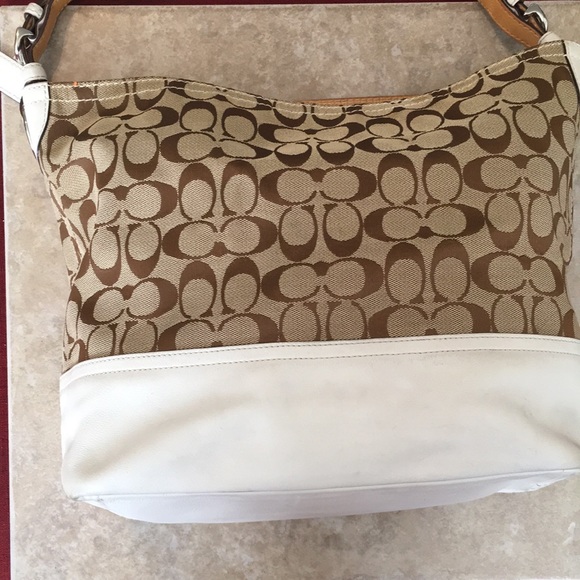 Coach Signature Slouchy Tote Signature Logo Canvas & Leather Khaki Bag purse - Picture 13 of 13
